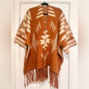 Geometric Patterned Poncho with Fringe